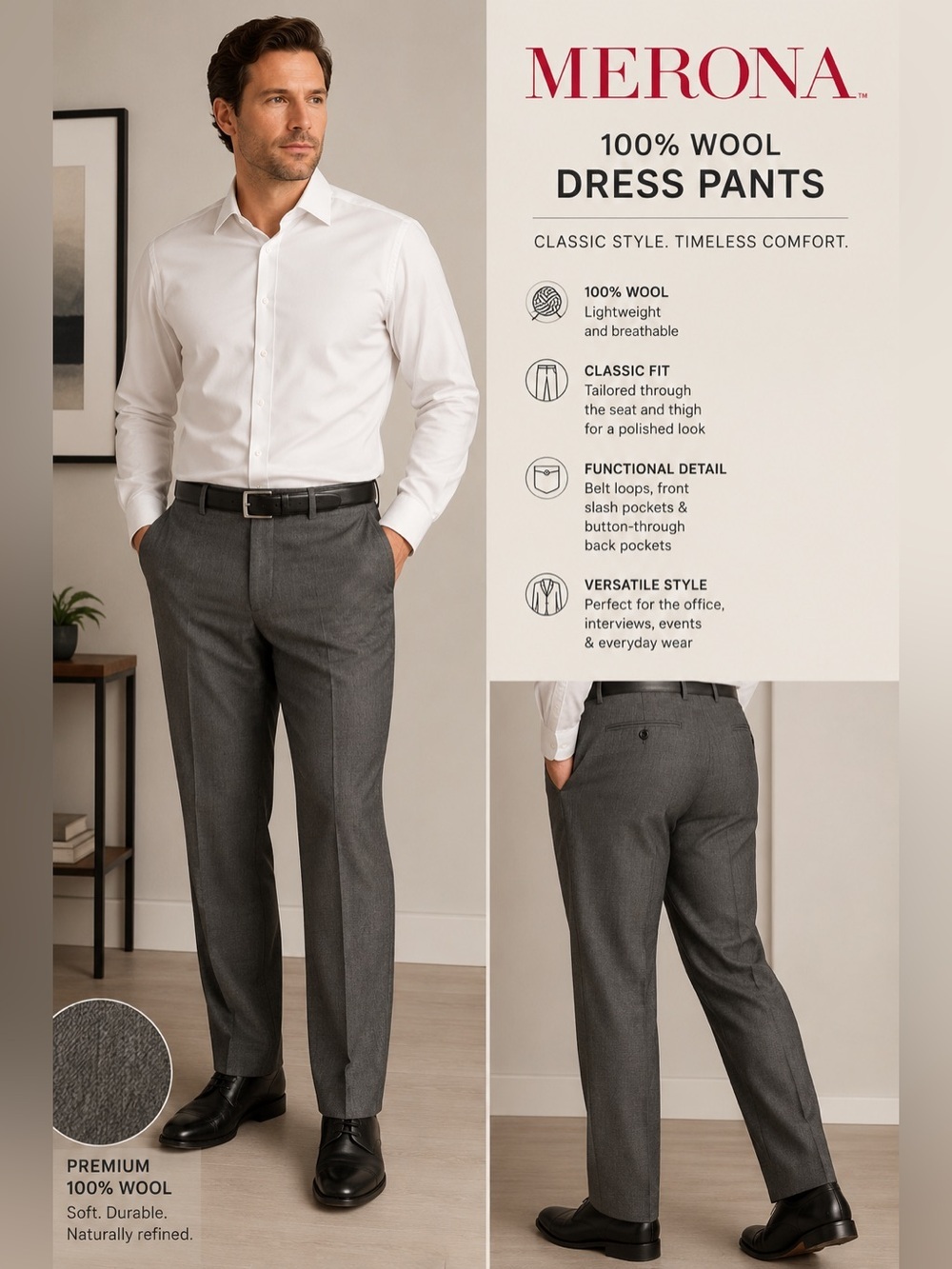 Merona 100% Wool Gray Dress Pants Men’s 38x30 Flat Front